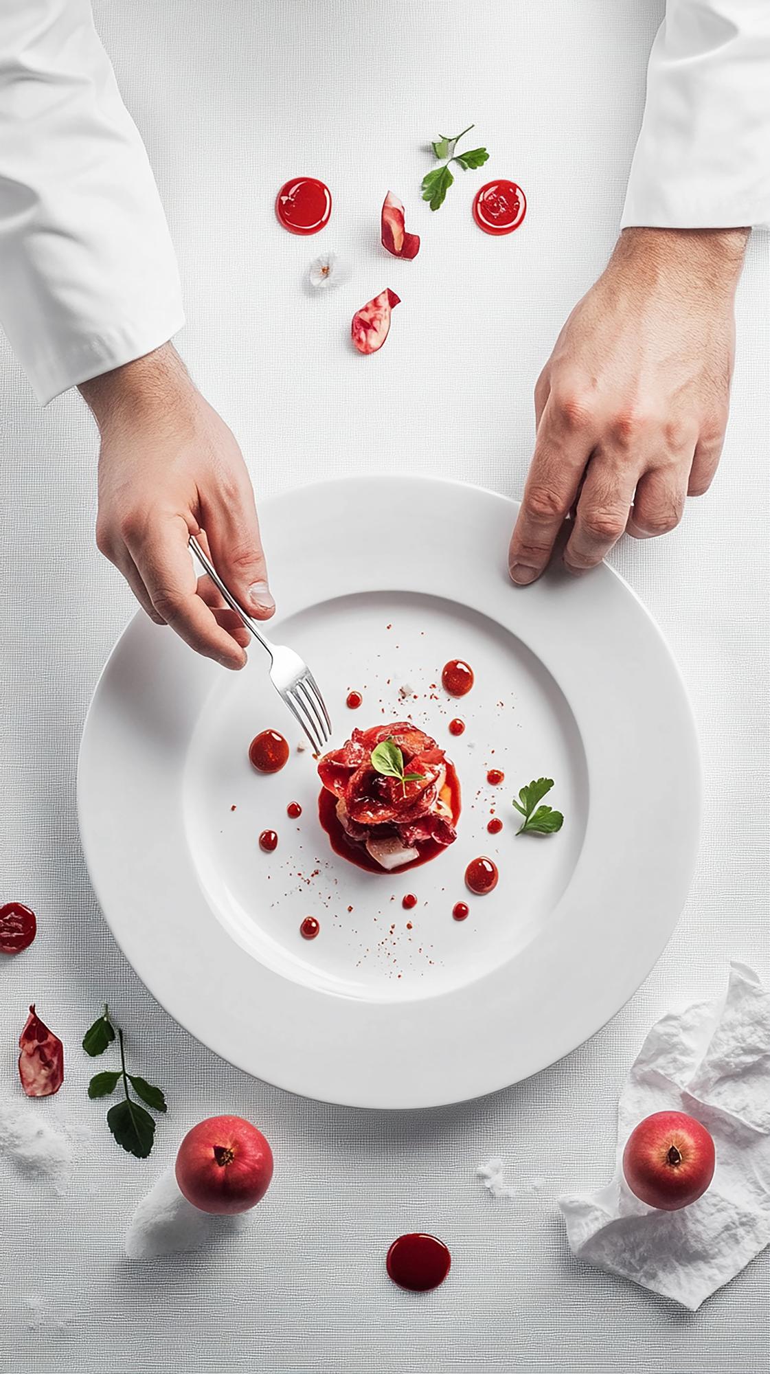 Chef preparing plated modern dish with molecular garnish