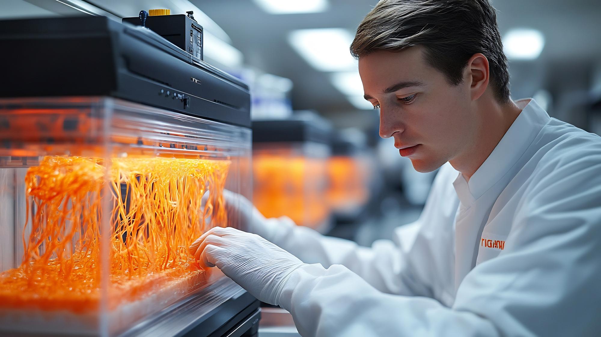 Food scientist analyzing texture under lamp